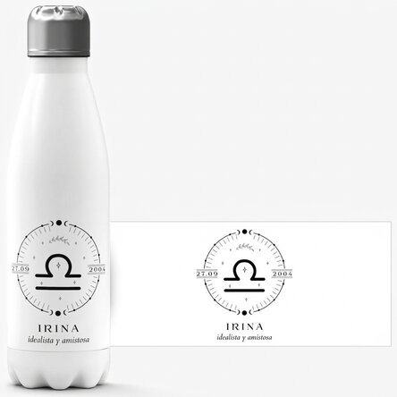 Termo con base blanca personalizado con texto y el signo del zodiaco Libra