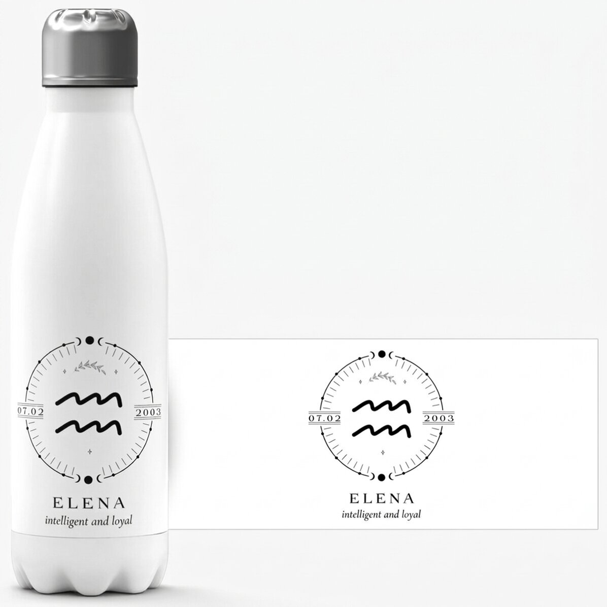 Término con base blanca personalizado con texto y signo del zodiaco