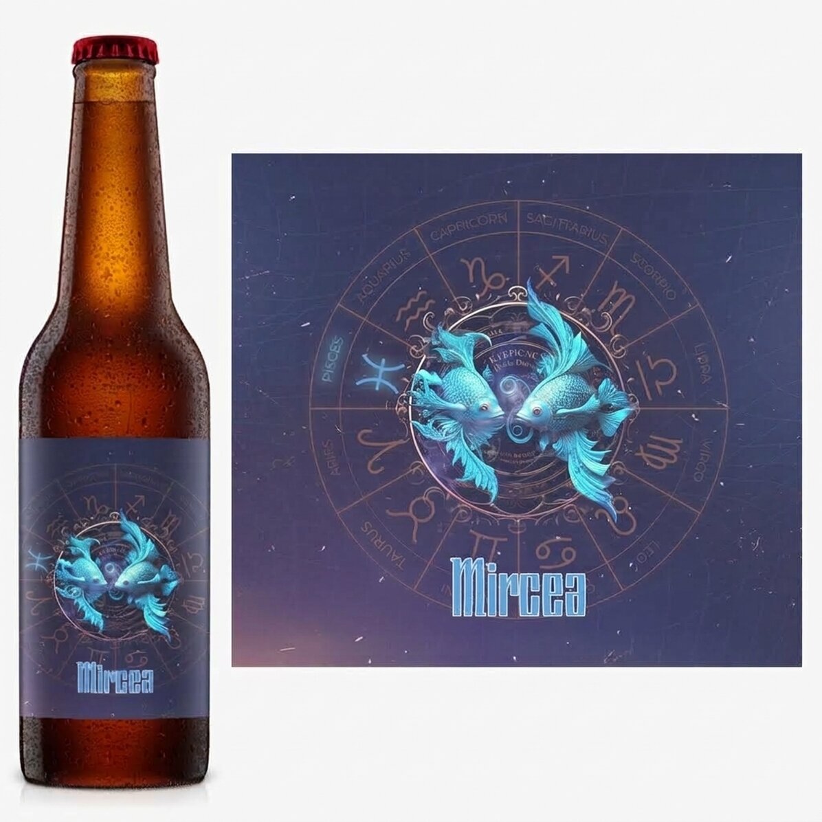 Cerveza personalizada con nombre y signo del zodiaco: Piscis