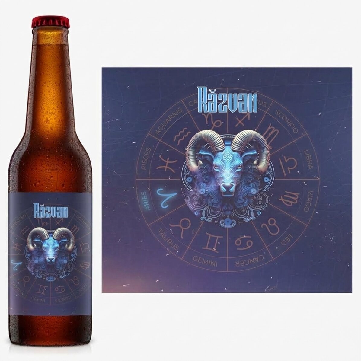 Cerveza personalizada con nombre y signo del zodiaco: Aries
