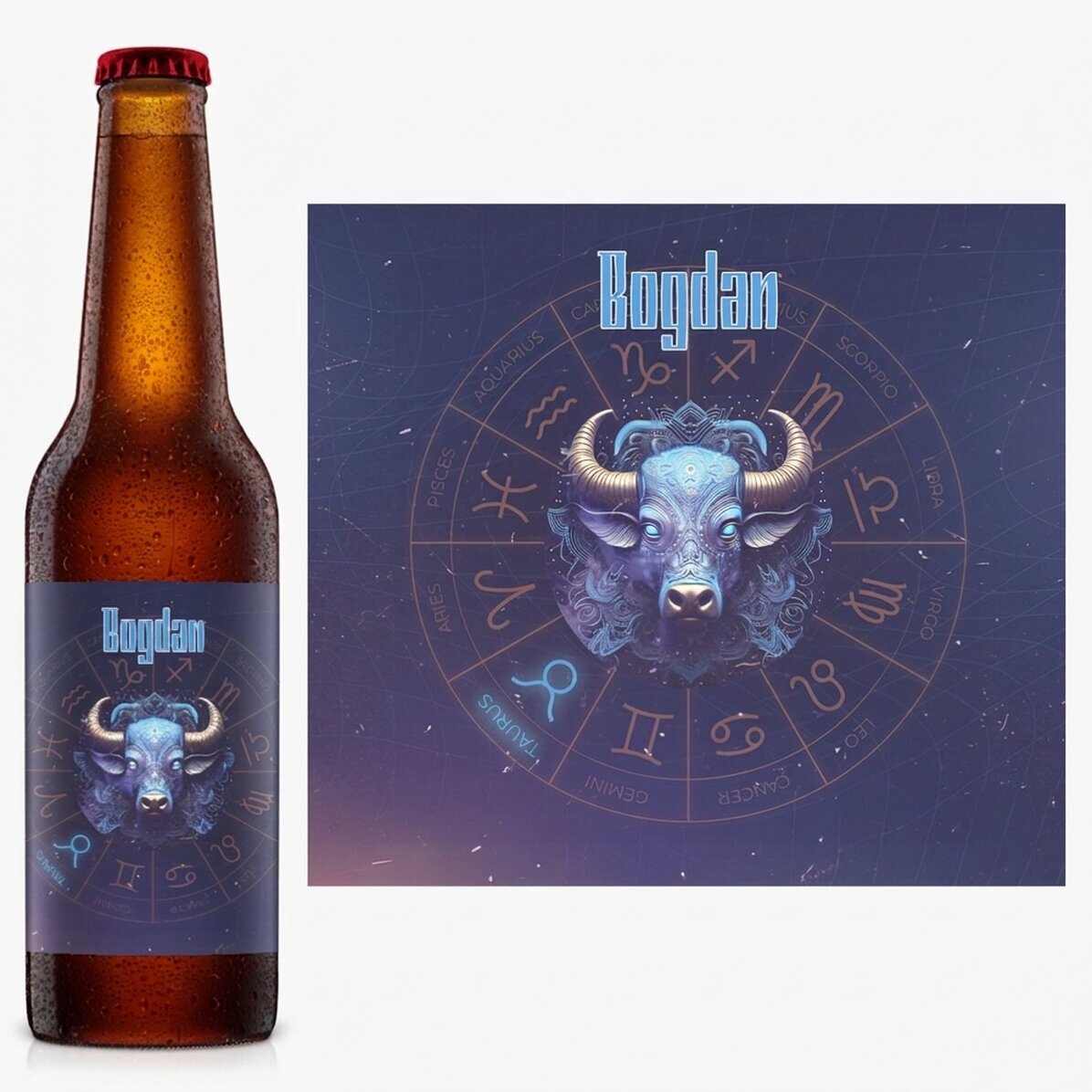 Cerveza personalizada con nombre y signo del zodiaco: Tauro
