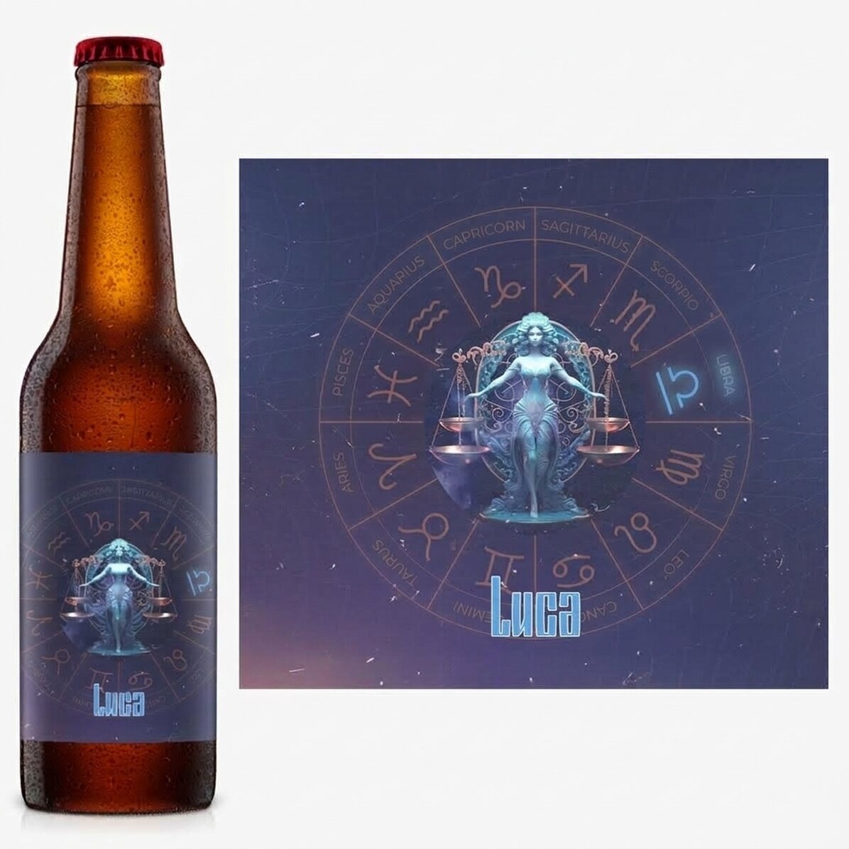 Cerveza personalizada con nombre y signo del zodiaco: Libra