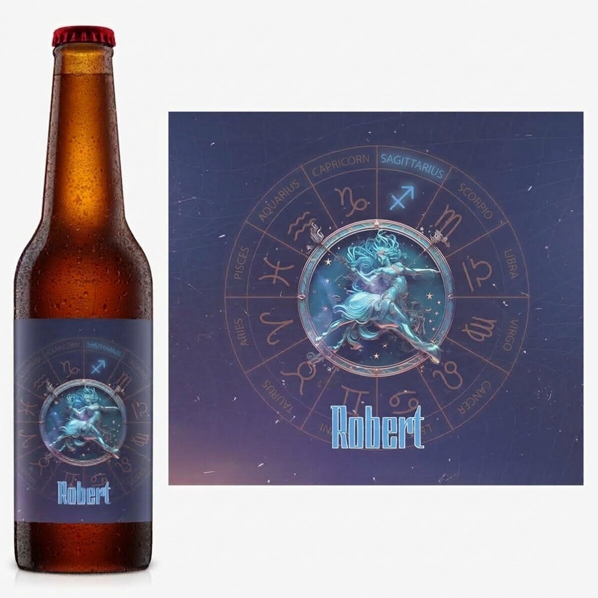 Cerveza personalizada con nombre y signo del zodiaco: Sagitario