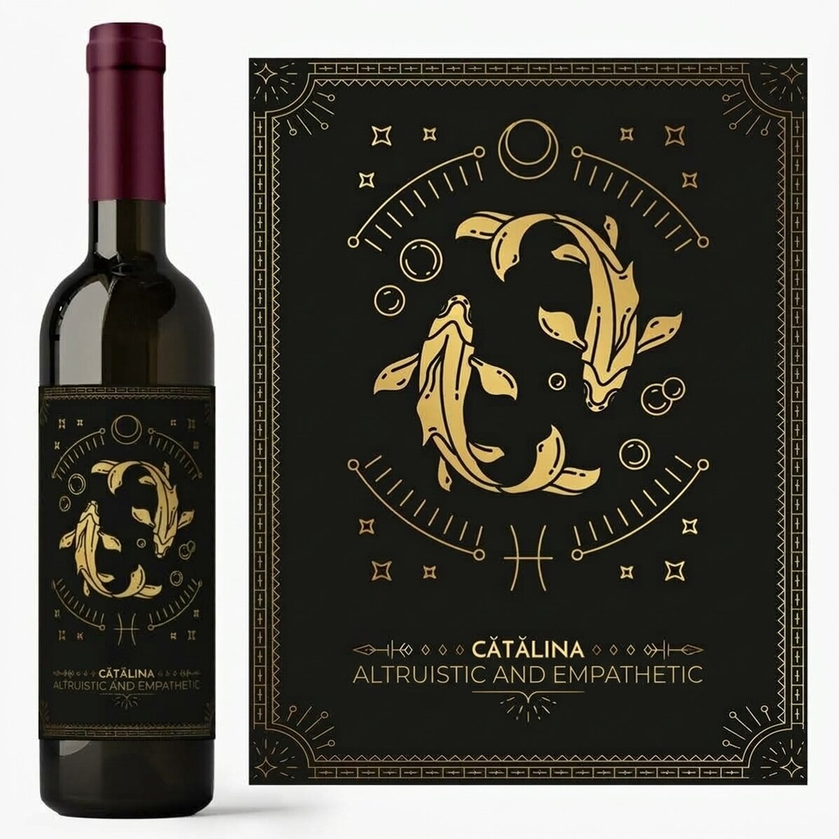 Vino personalizado con texto y signo del zodiaco: Piscis