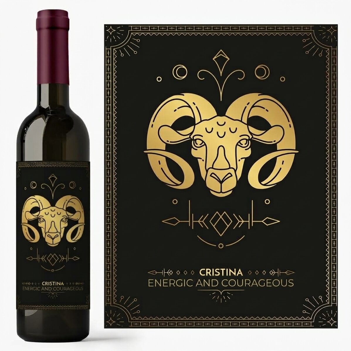 Vino personalizado con texto y signo del zodiaco: Aries