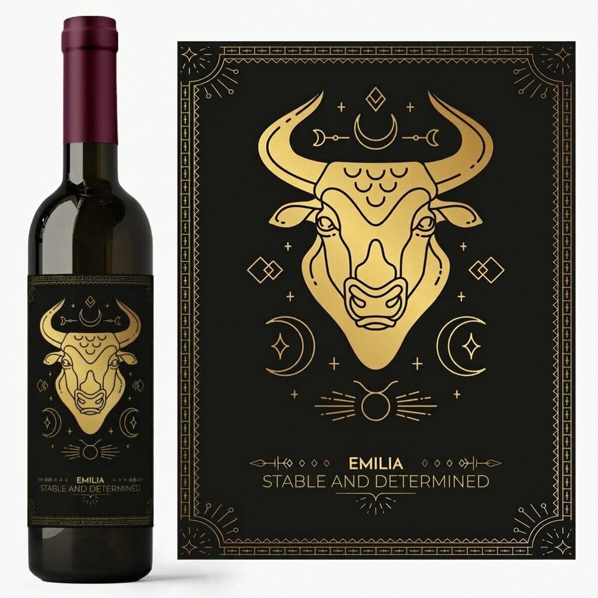 Vino personalizado con texto y signo del zodiaco: Tauro