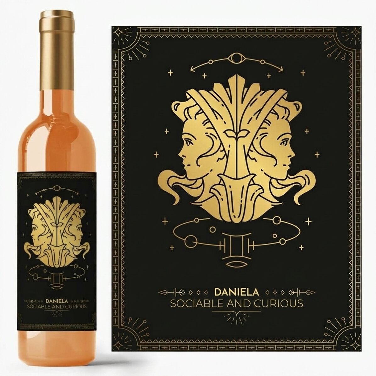 Vino personalizado con texto y signo del zodiaco: Géminis