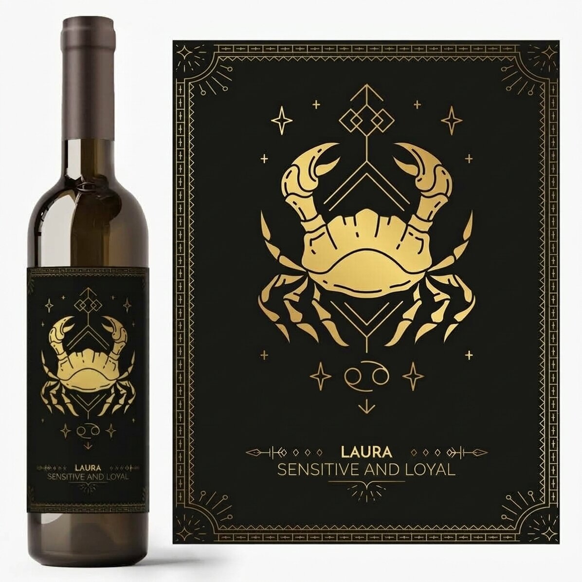 Vino personalizado con texto y signo del zodiaco: Cáncer