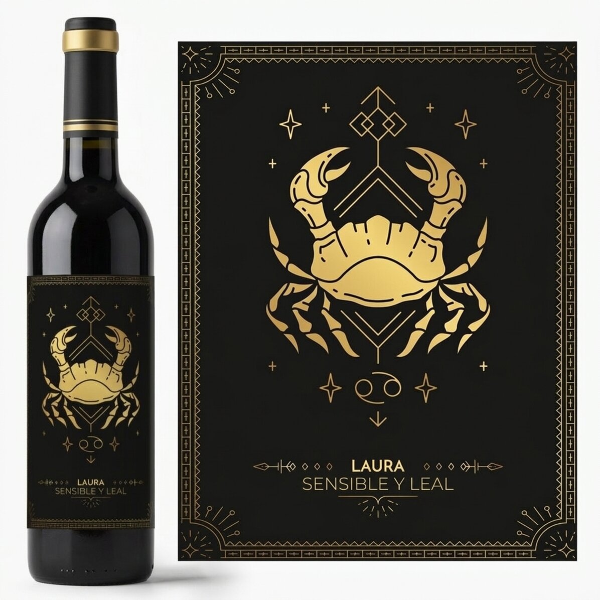 Vino personalizado con texto y signo del zodiaco: Cáncer