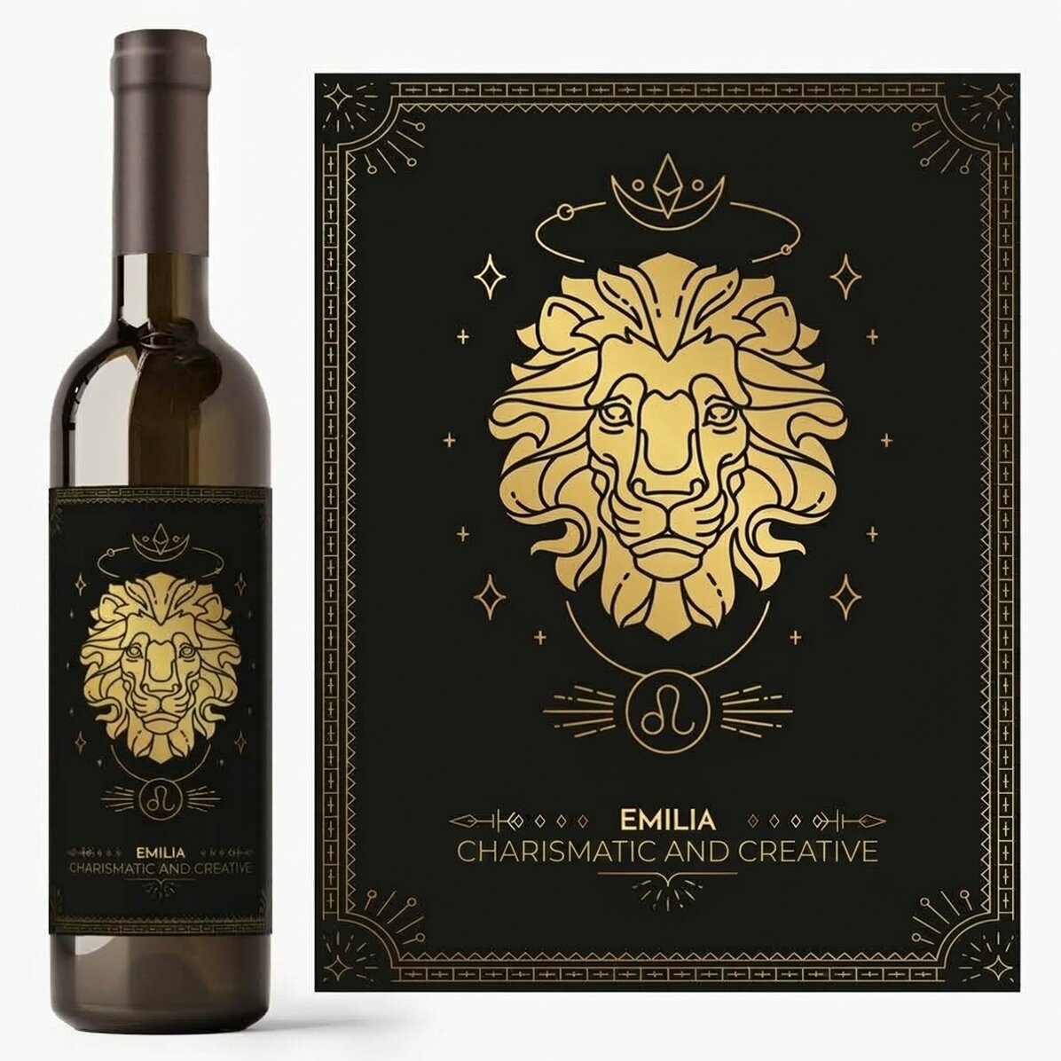 Vino personalizado con texto y signo del zodiaco: Leo