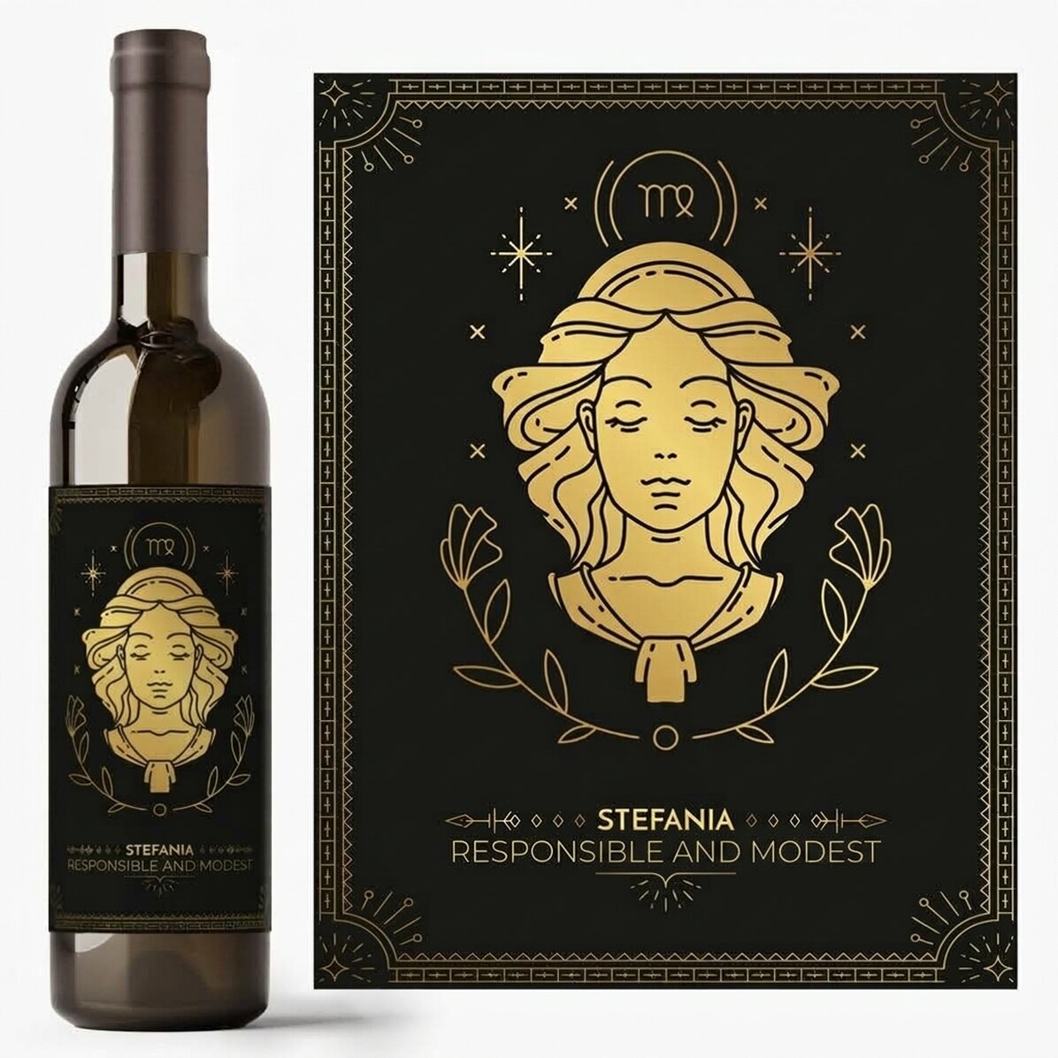 Vino personalizado con texto y signo del zodiaco: Virgo