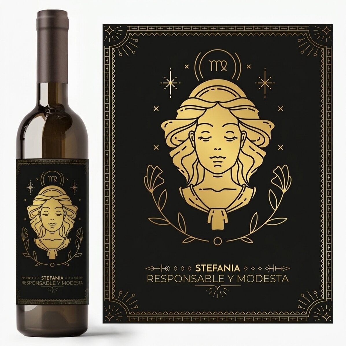 Vino personalizado con texto y signo del zodiaco: Virgo