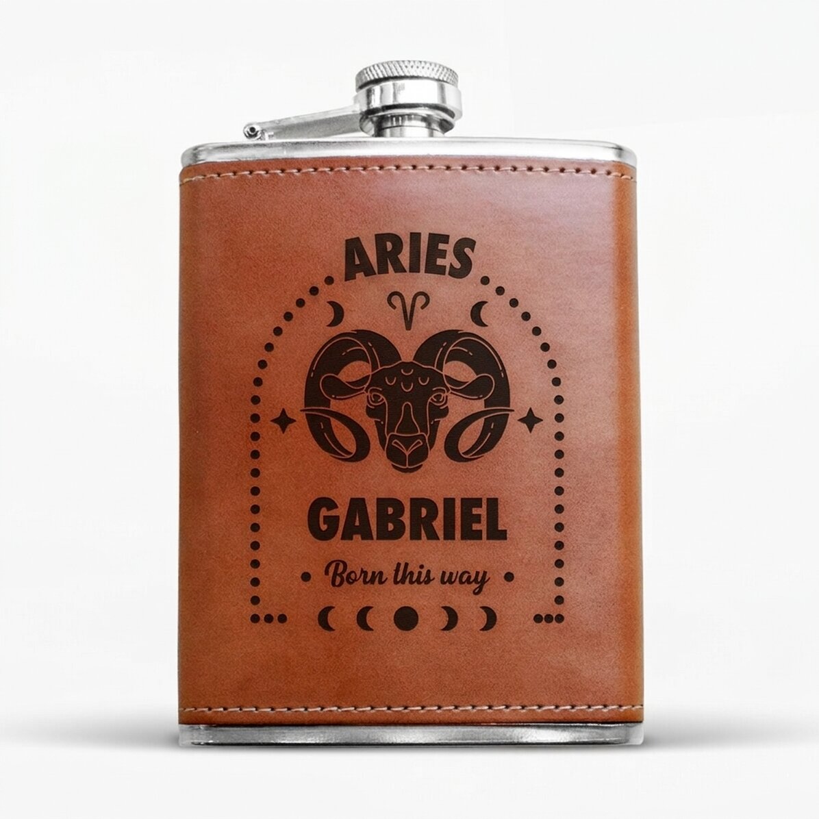Botella de bolsillo forrada en piel, personalizada con texto y signo del zodiaco: Aries