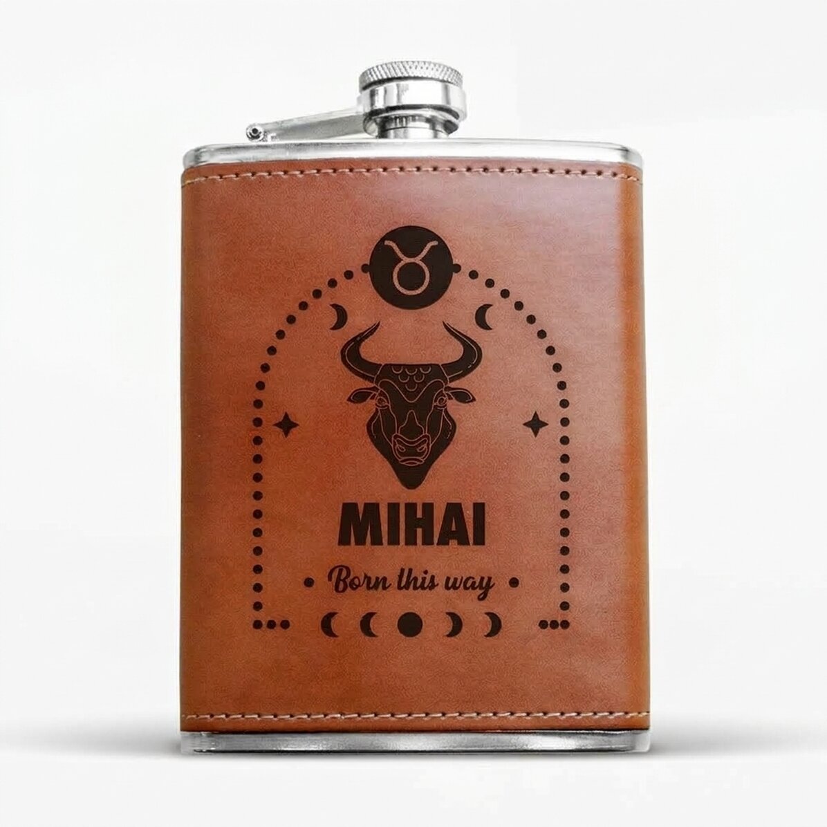 Botella de bolsillo forrada en piel, personalizada con texto y signo del zodiaco: Tauro