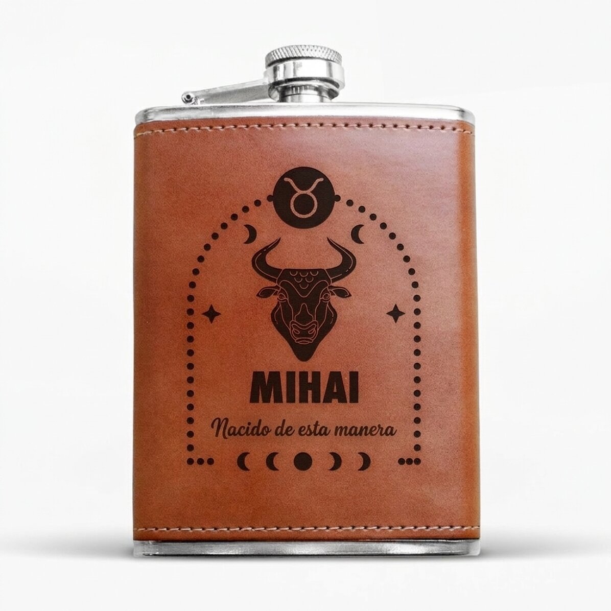 Botella de bolsillo forrada en piel, personalizada con texto y signo del zodiaco: Tauro