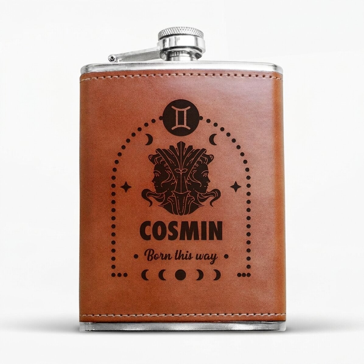 Botella de bolsillo forrada en piel, personalizada con texto y signo del zodiaco: Géminis
