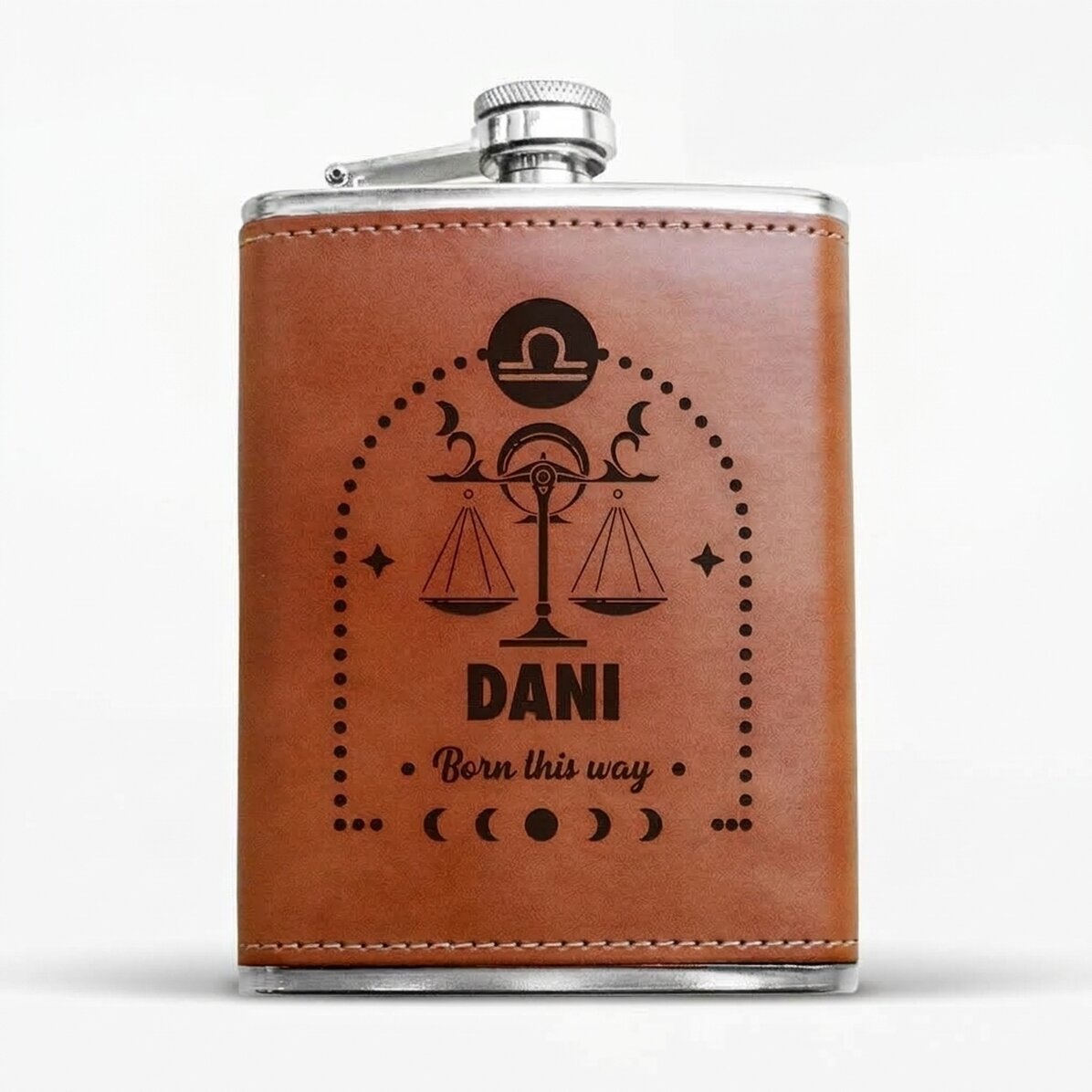 Botella de bolsillo forrada en piel, personalizada con texto y signo del zodiaco: Libra