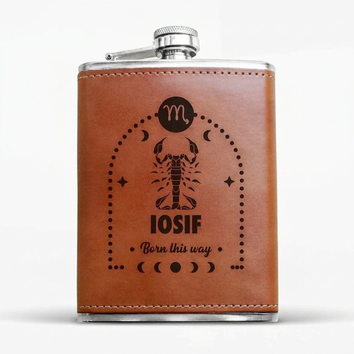 Leather-covered pocket flask personalised with text and zodiac sign - Scorpio