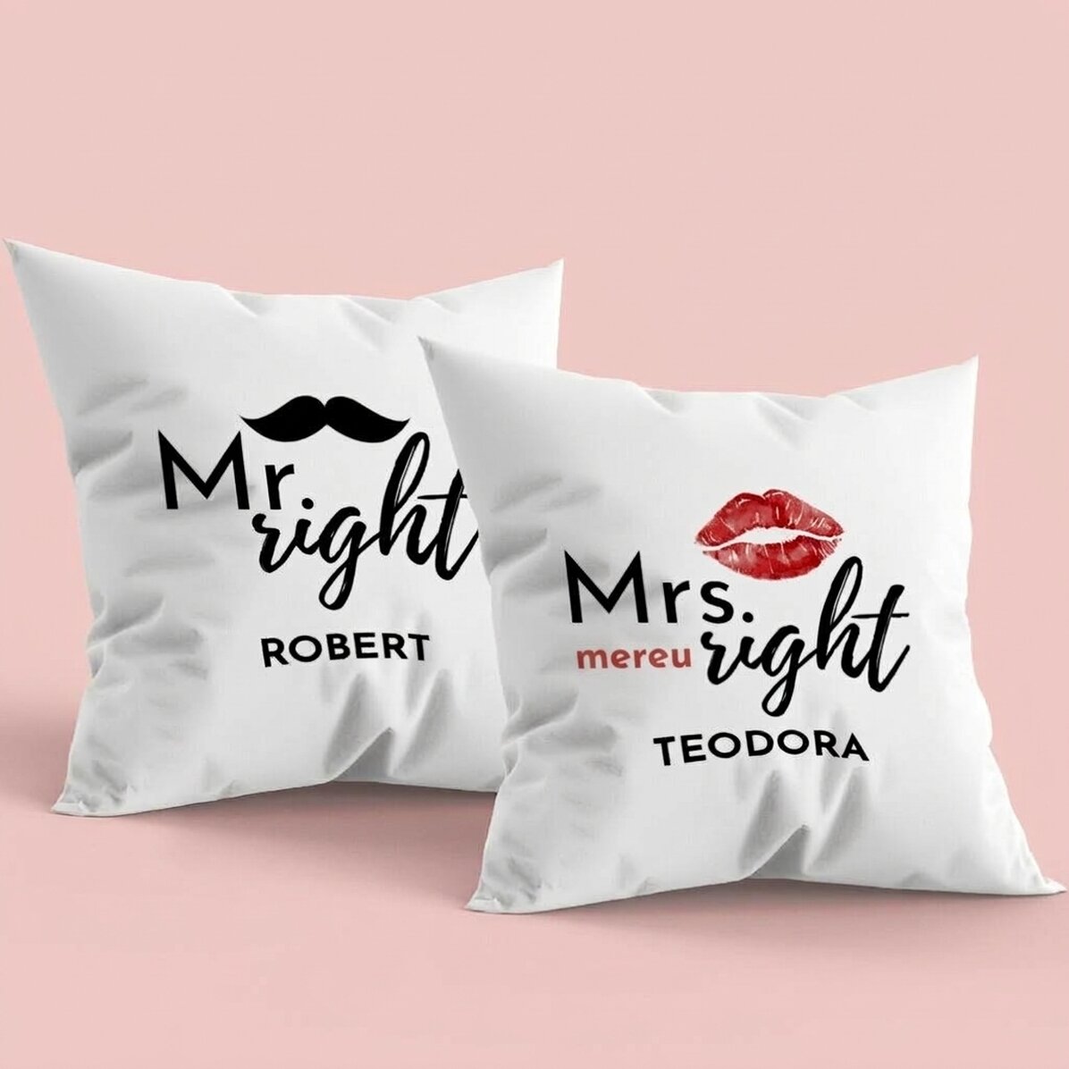 Set of 2 personalised cushions with text - Mr & Mrs Right