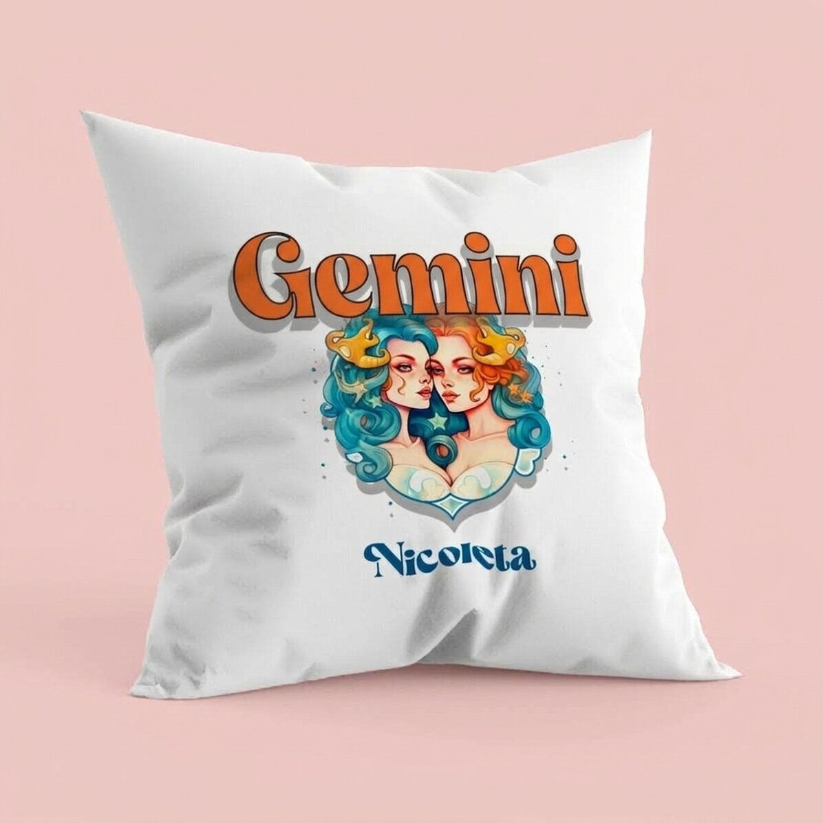 Cojín personalizado con nombre y signo del zodiaco: Géminis