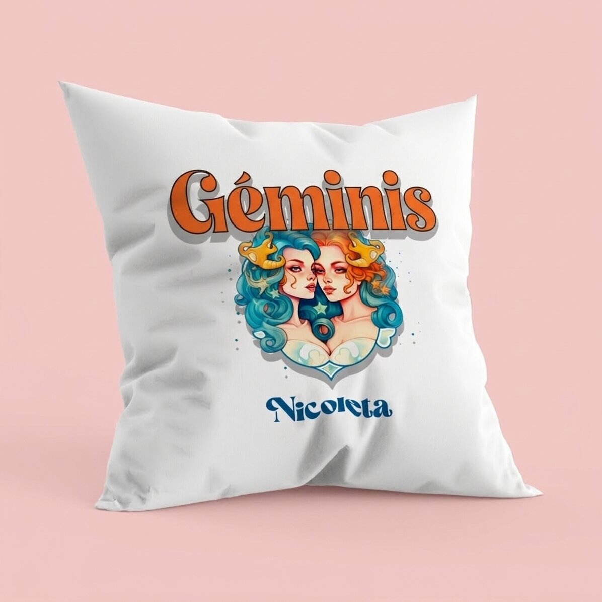 Cojín personalizado con nombre y signo del zodiaco: Géminis