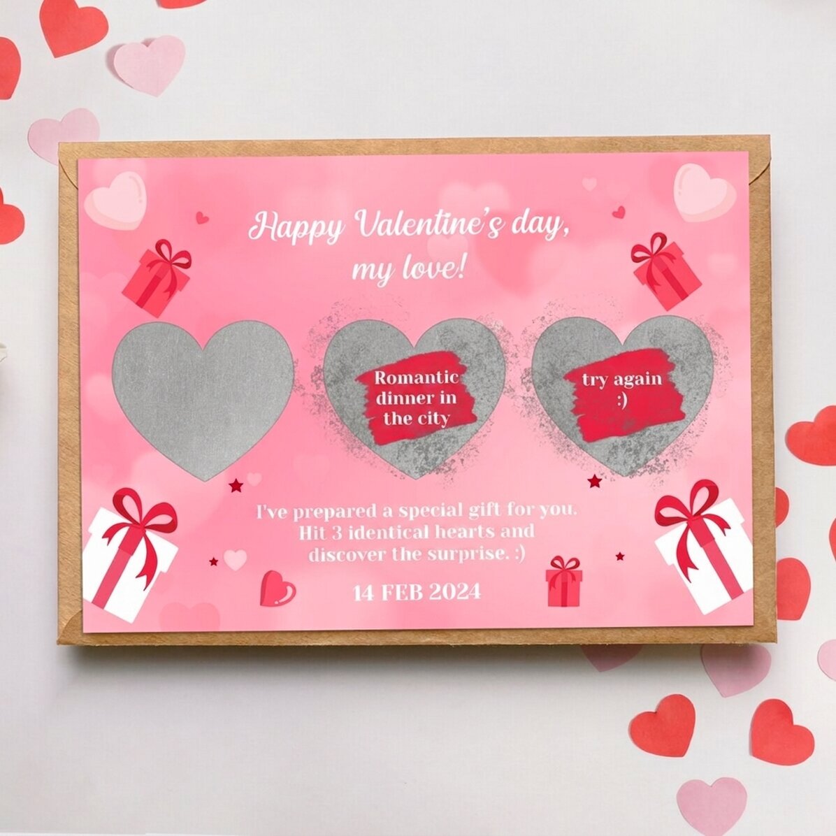 Tarjeta rasca y gana personalizada con mensaje: «Amor»