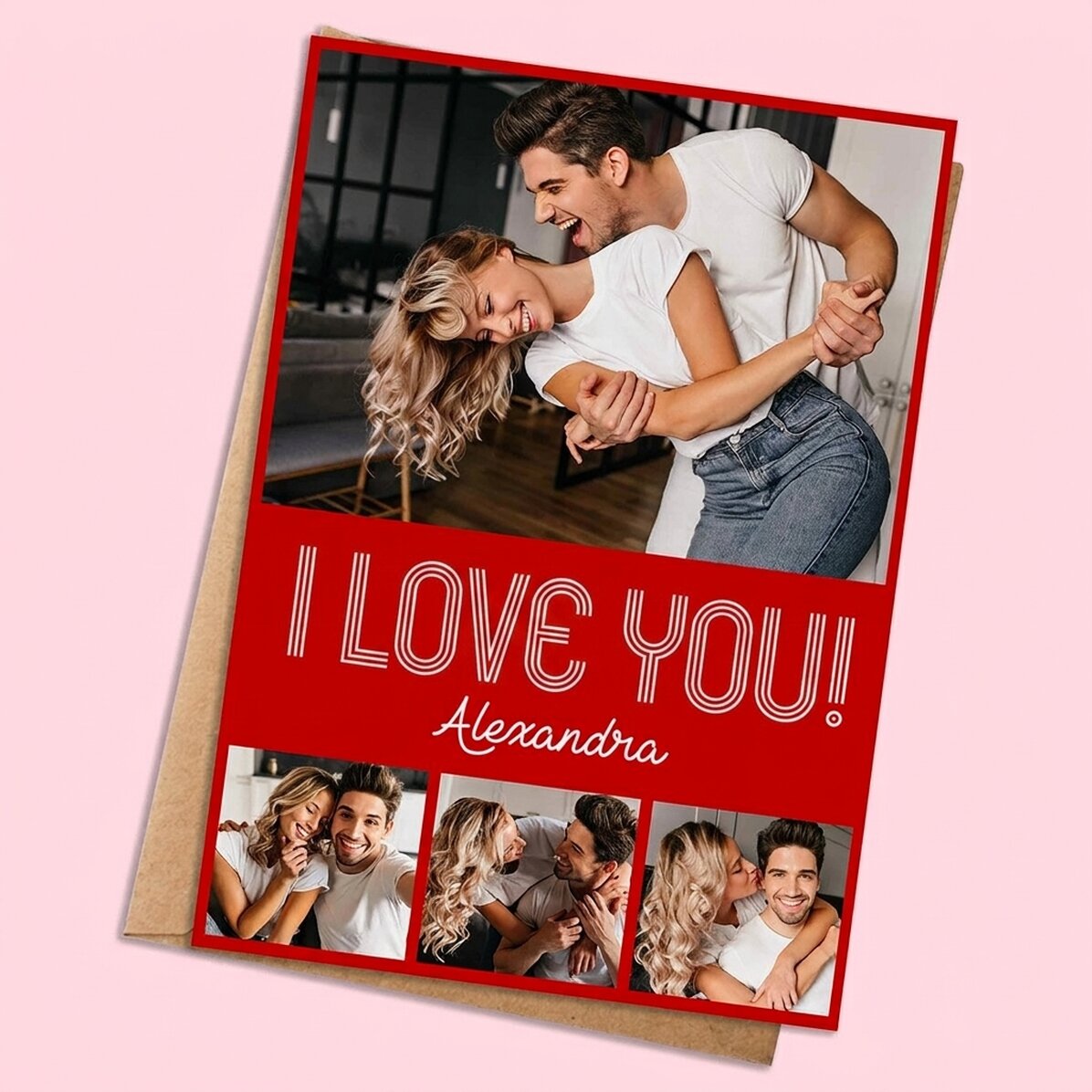 Tarjeta personalizada con 4 fotos y texto - Modern love