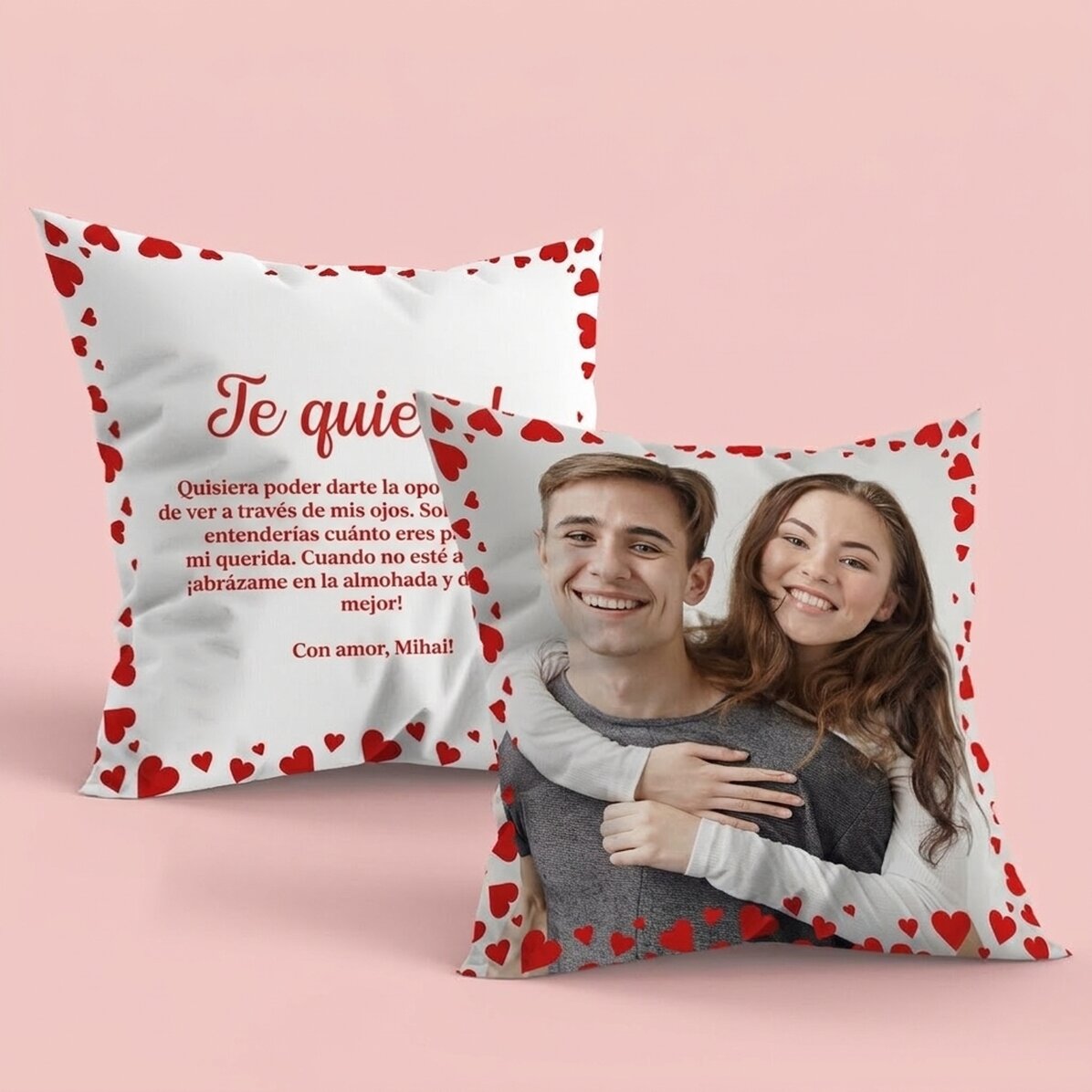 Cojín personalizado con una foto y un mensaje por ambos lados - Love