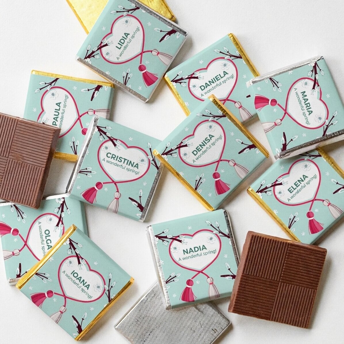 Lote de 10 minichocolates personalizados con texto - Primavera