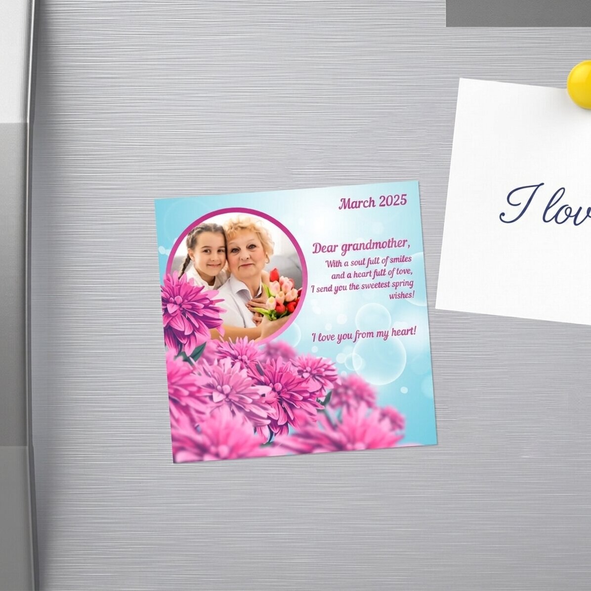 Imán personalizado de 10x10 con foto y texto - Primavera rosa