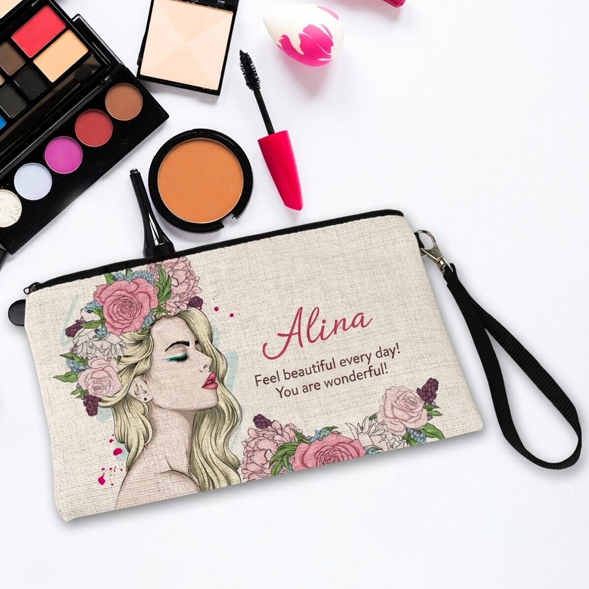 Estuche de maquillaje personalizado con texto - Floral beauty