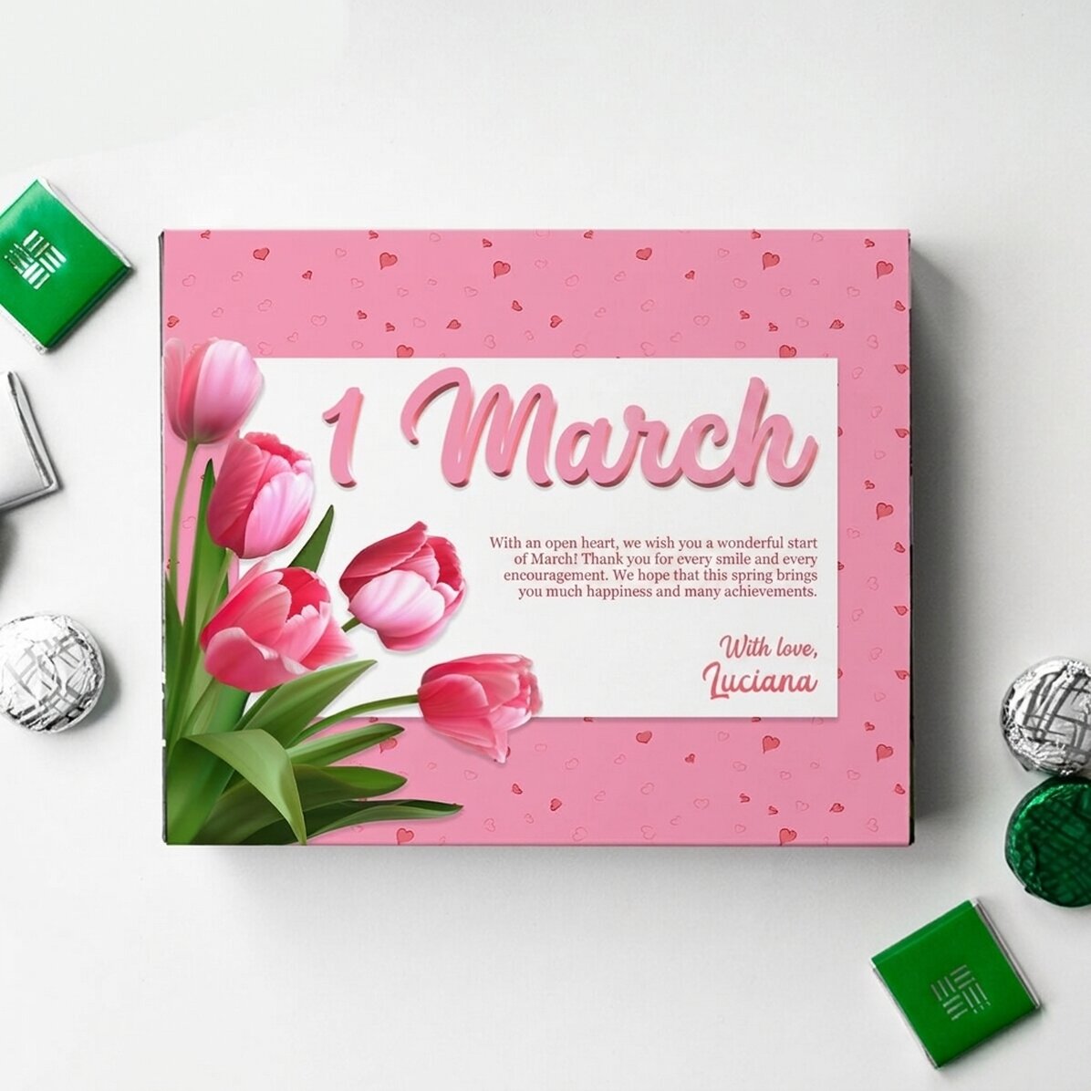 Caja de bombones personalizada con texto - Tulipanes rosas