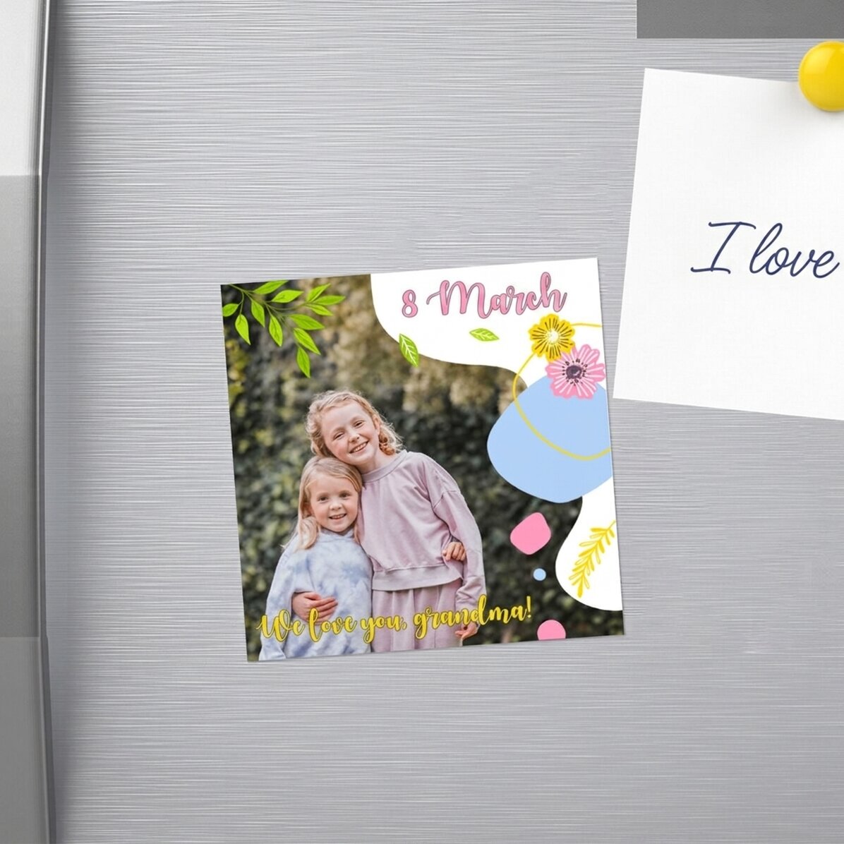 Imán personalizado de 10x10 con foto y texto - Happiness