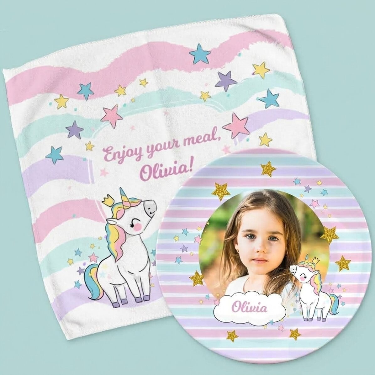 Juego personalizado (plato y toallita) - Unicornio