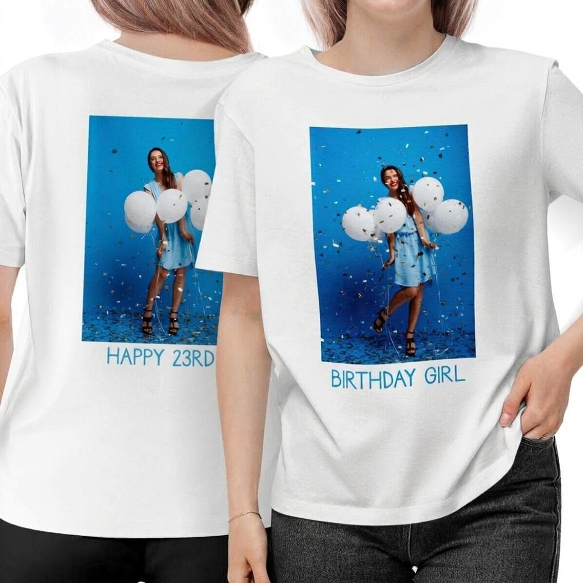 Customised cotton T-shirt with photos and text on both sides