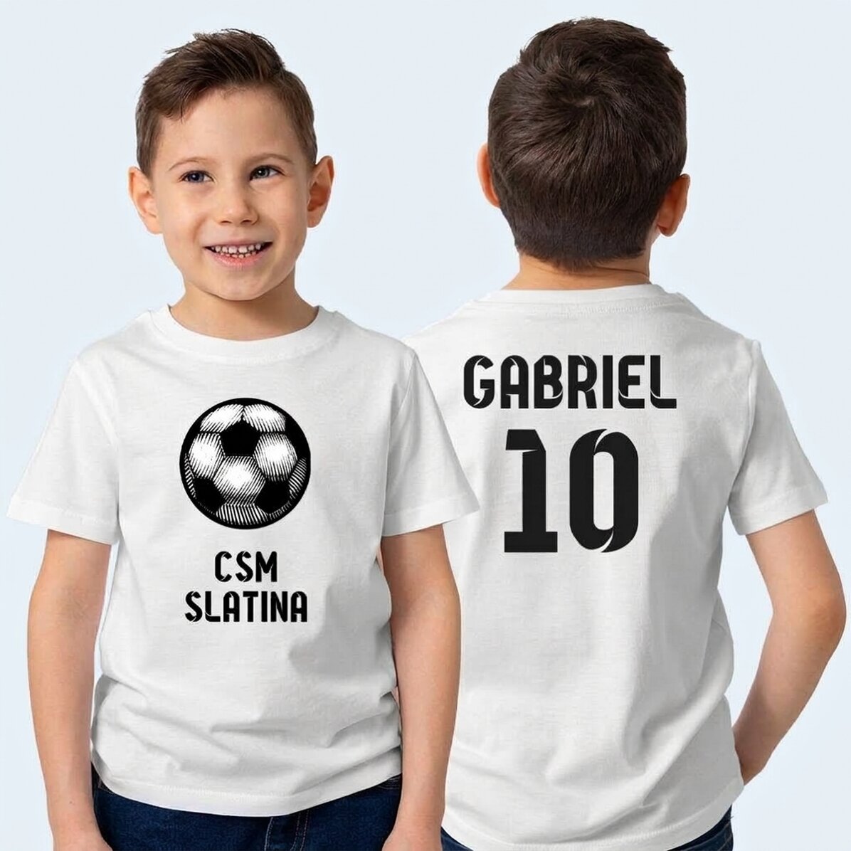 Camiseta de algodón para niños personalizada con texto por delante y por detrás - Balón de fútbol