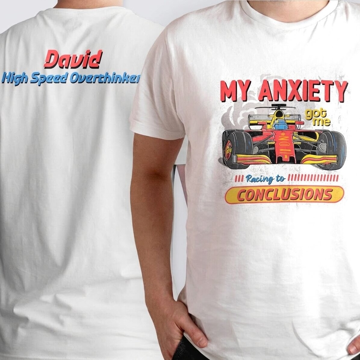Camiseta de algodón personalizada con texto por delante y por detrás - Racing Thoughts