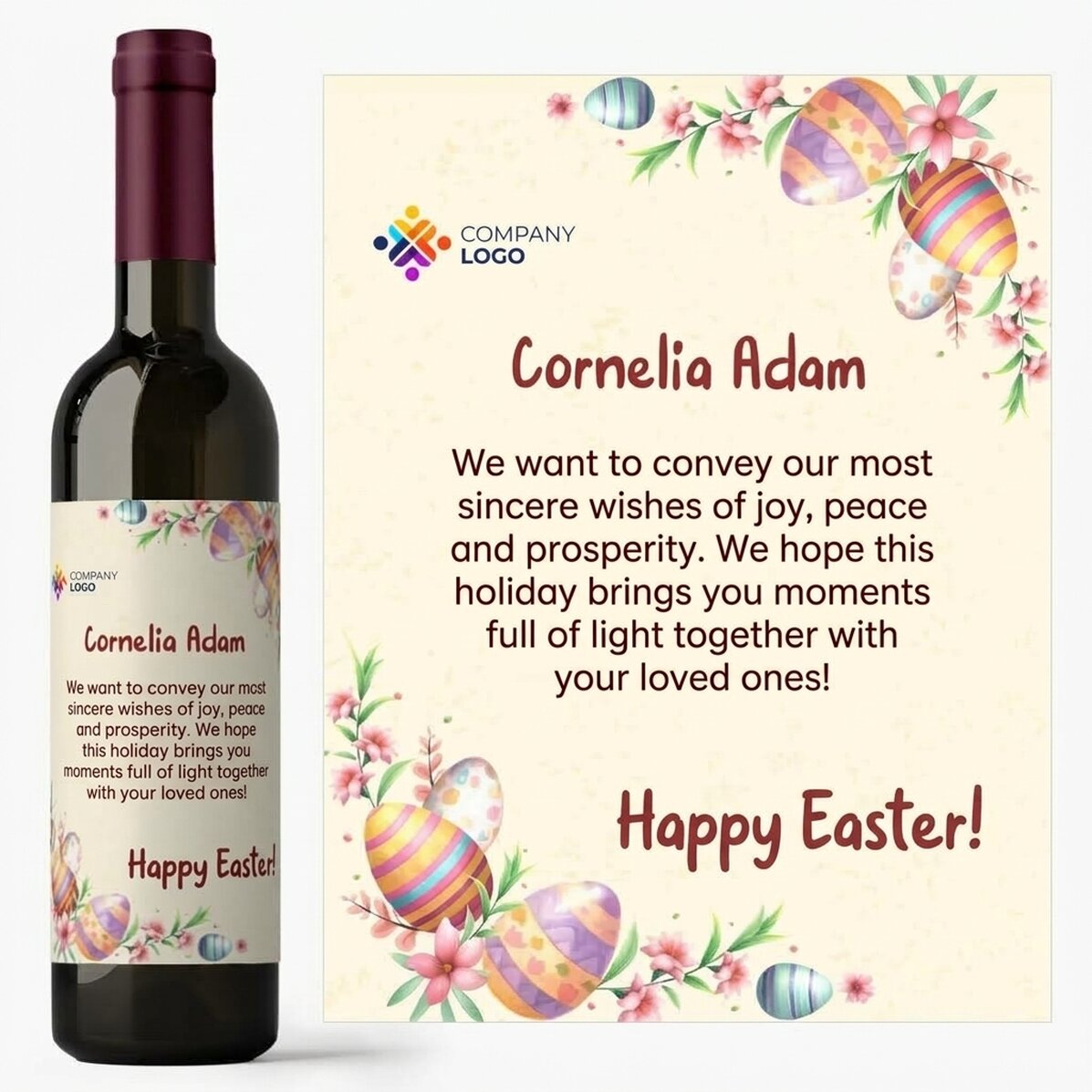Vino personalizado con logotipo y mensaje - Huevos de Pascua