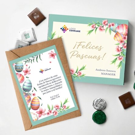 Lote personalizado con logotipo: caja de bombones y tarjeta. ¡Feliz Pascua!