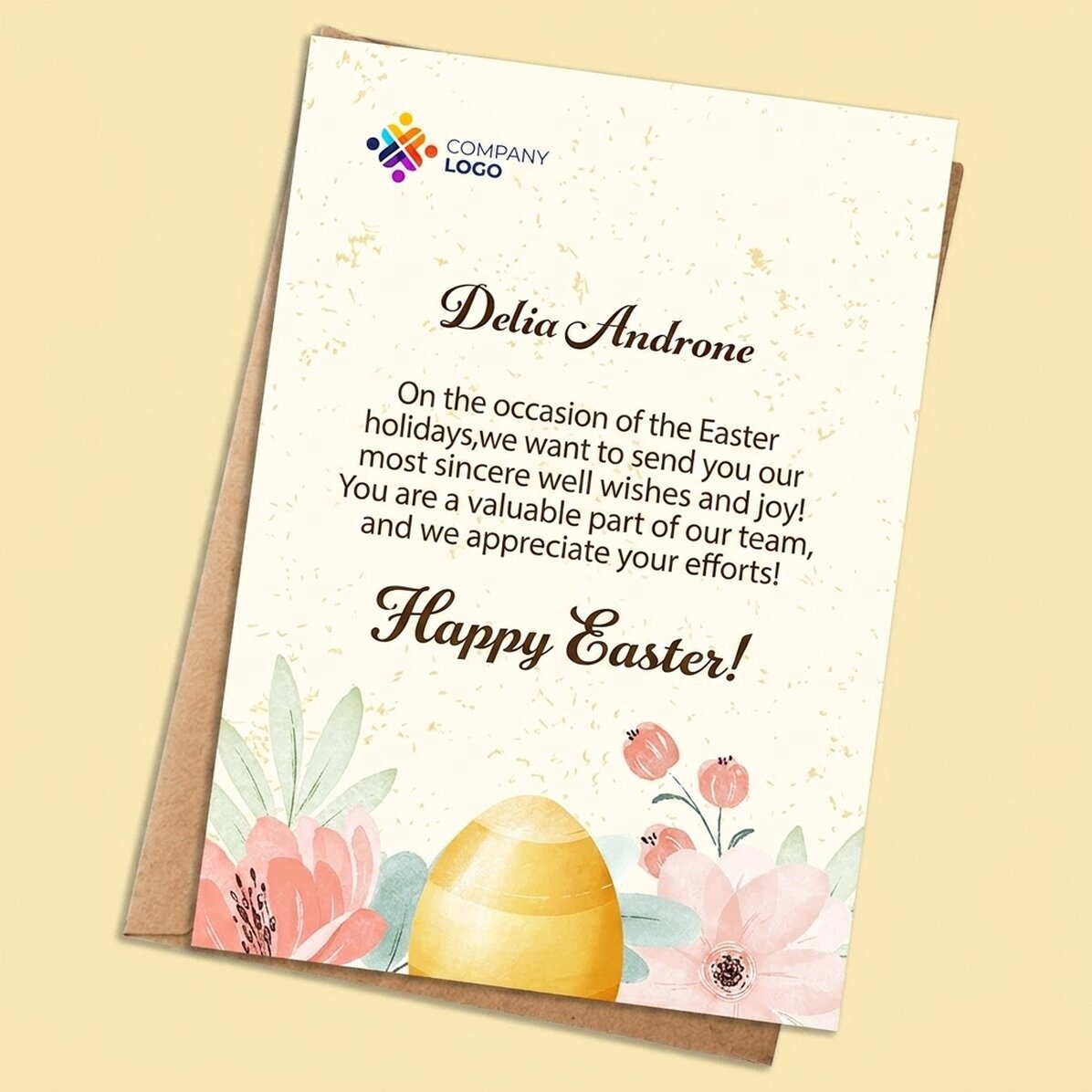 Tarjeta personalizada con logotipo y mensaje de Pascua - Floral