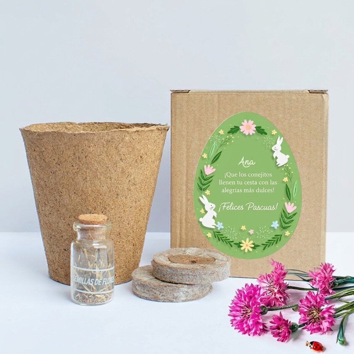 Kit para plantar flores en una cajita personalizada con un mensaje de Pascua - Floral