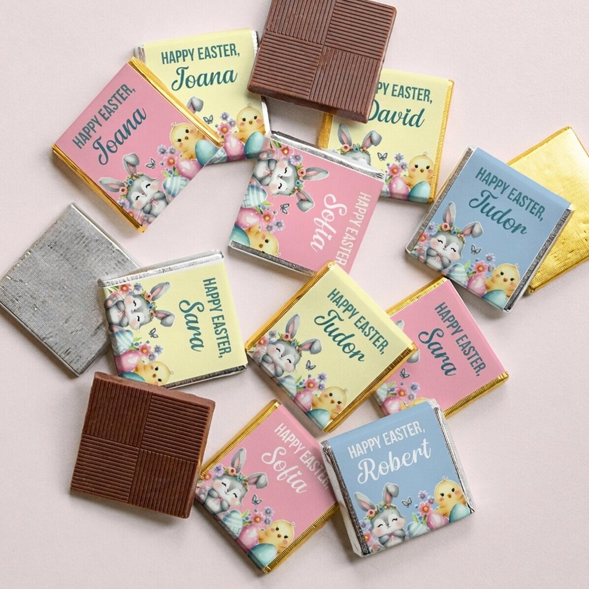 Lote de 10 minichocolates personalizados con mensaje: «¡Felices Pascuas!»