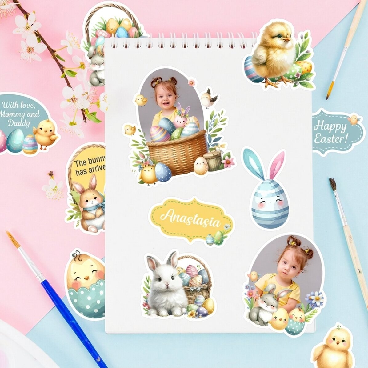 Juego de pegatinas (etiquetas autoadhesivas) personalizadas con fotos y texto: ¡Felices Pascas!
