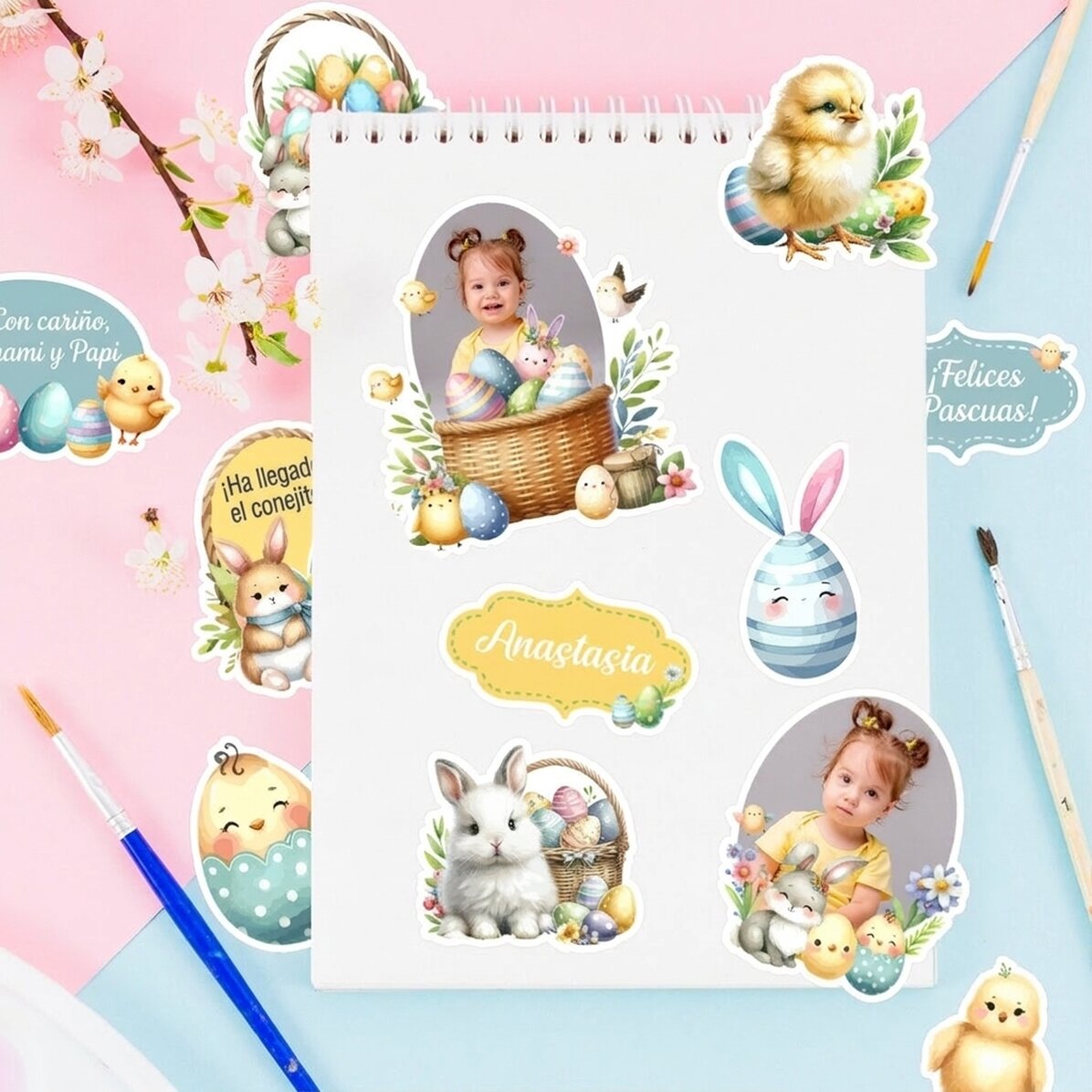 Juego de pegatinas (etiquetas autoadhesivas) personalizadas con fotos y texto: ¡Felices Pascas!