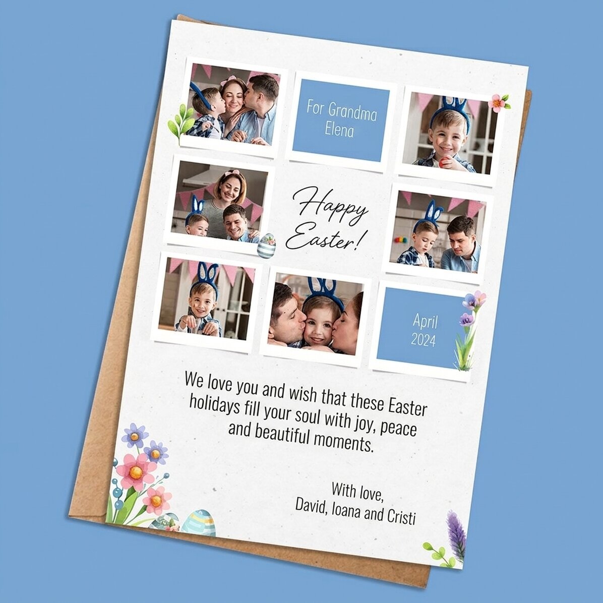 Tarjeta personalizada con fotos y mensaje: ¡Feliz Pascua!