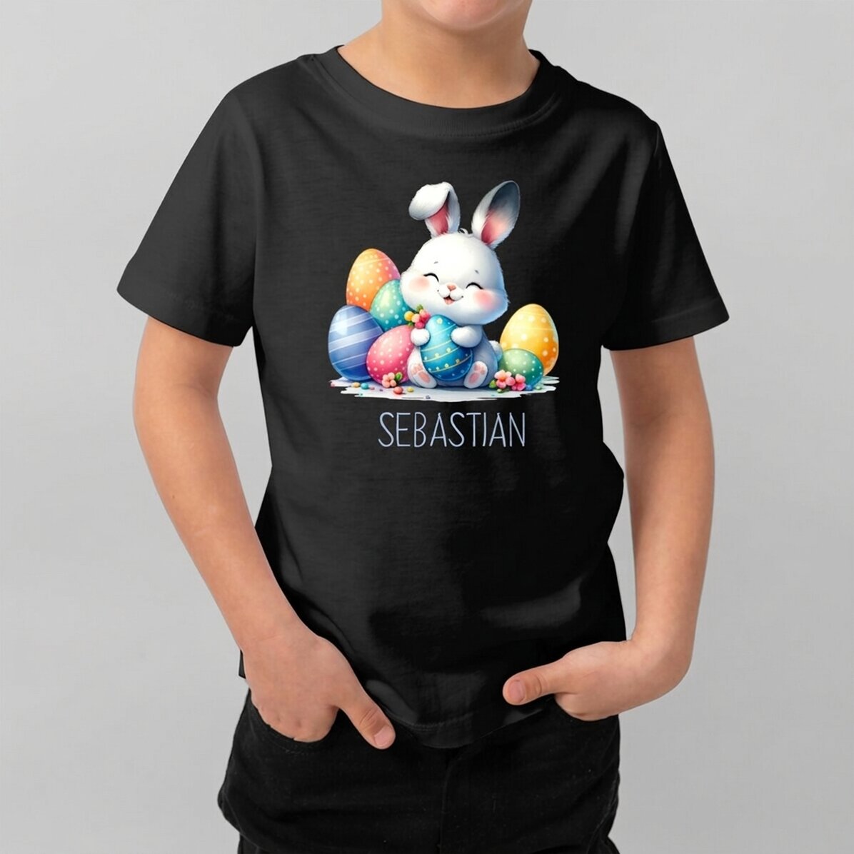 Camiseta de algodón para niños personalizada con nombre - Conejo con huevos de Pascua