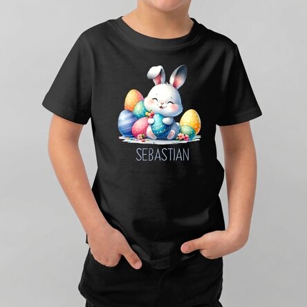 Camiseta de algodón para niños personalizada con nombre - Conejo con huevos de Pascua