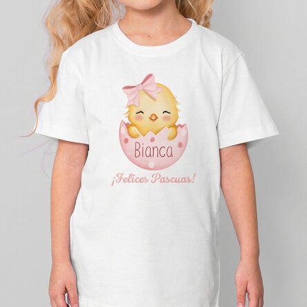 Camiseta de algodón para niños personalizada con texto - Pollito de Pascua