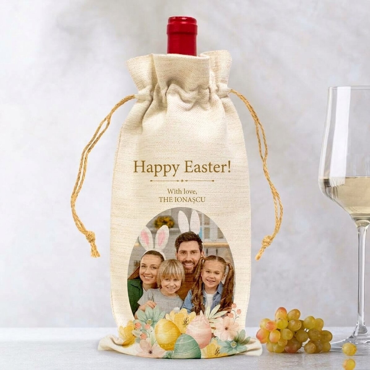 Bolsita personalizada con una foto y un mensaje para la botella de vino - Conejo de Pascua