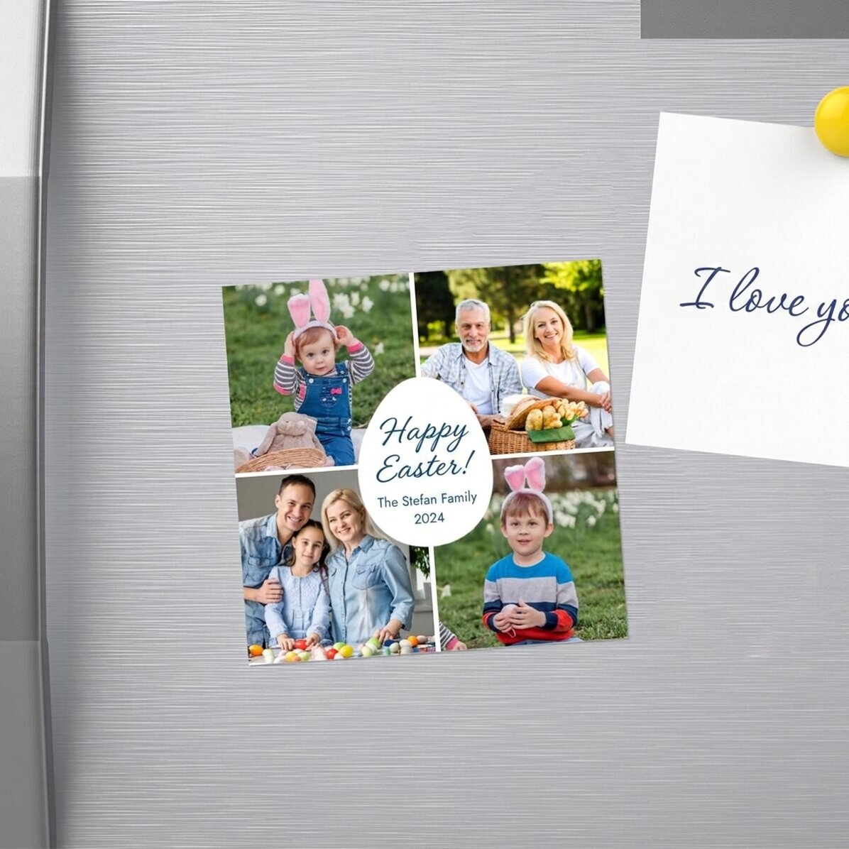 Imán personalizado de 10x10 con 4 fotos y un mensaje: «Feliz Pascua»